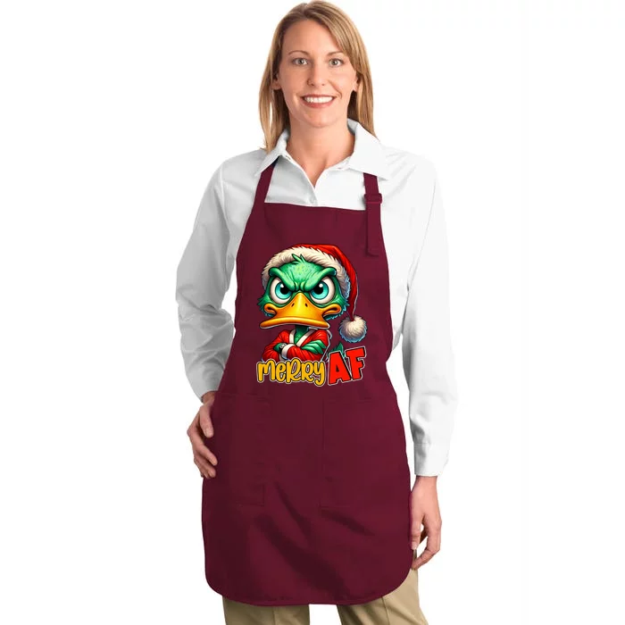 Merry Af Funny Sarcastic Grumpy Duck Christmas Full-Length Apron With Pocket