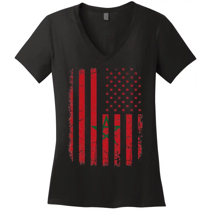 Moroccan American Flag Moroccan Roots Morocco America Women's V-Neck T-Shirt