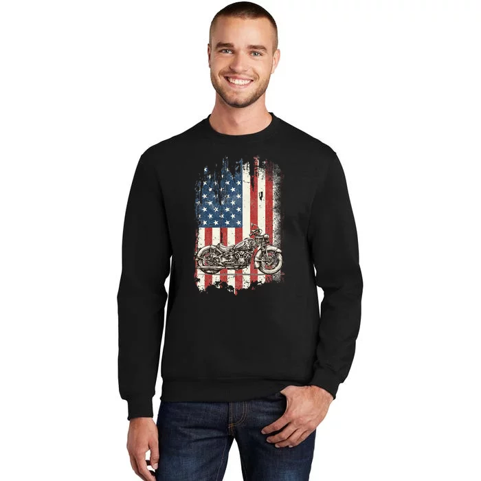 Motorcycle American Flag Distressed Vintage Biker Patriotic Tall Sweatshirt