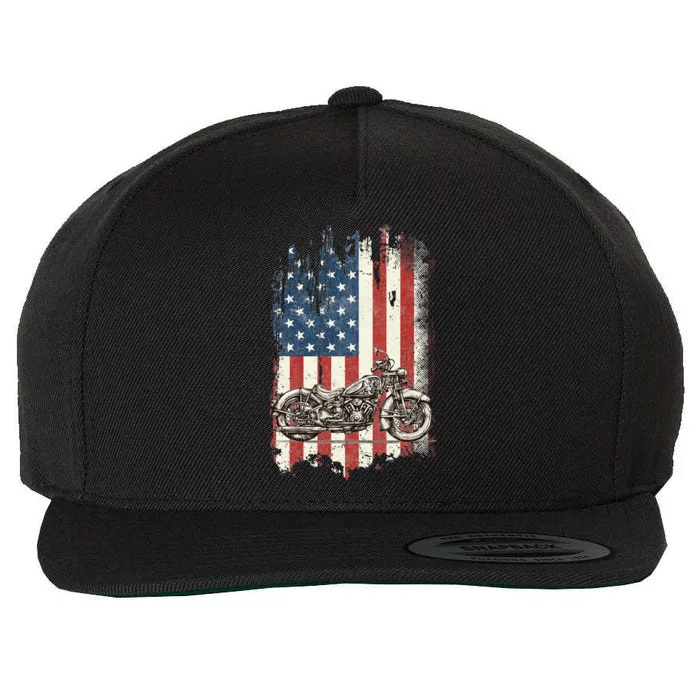 Motorcycle American Flag Distressed Vintage Biker Patriotic Wool Snapback Cap