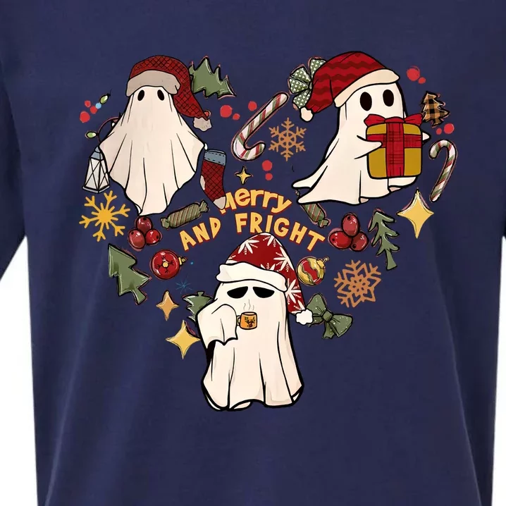 Merry And Fright Merry And Bright Christmas Ghost Heart Long Sleeve Sueded Cloud Jersey T-Shirt