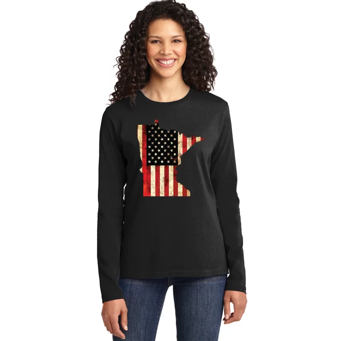 Minnesota American Flag Stars And Stripes Ladies Long Sleeve Shirt