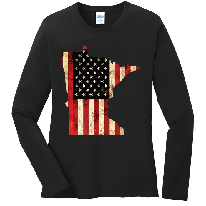 Minnesota American Flag Stars And Stripes Ladies Long Sleeve Shirt