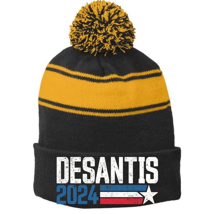 Make America Florida DeSantis 2024 Election Vintage US Flag Stripe Pom Pom Beanie