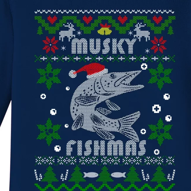 Muskie Angler Fishmas Musky Fishing Funny Gift Ugly Christmas Gift Baby Long Sleeve Bodysuit