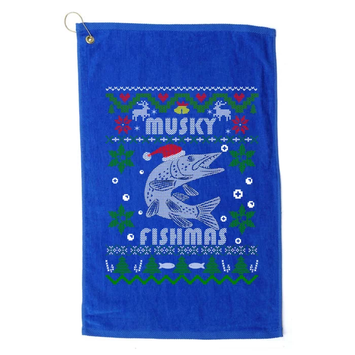 Muskie Angler Fishmas Musky Fishing Funny Gift Ugly Christmas Gift Platinum Collection Golf Towel