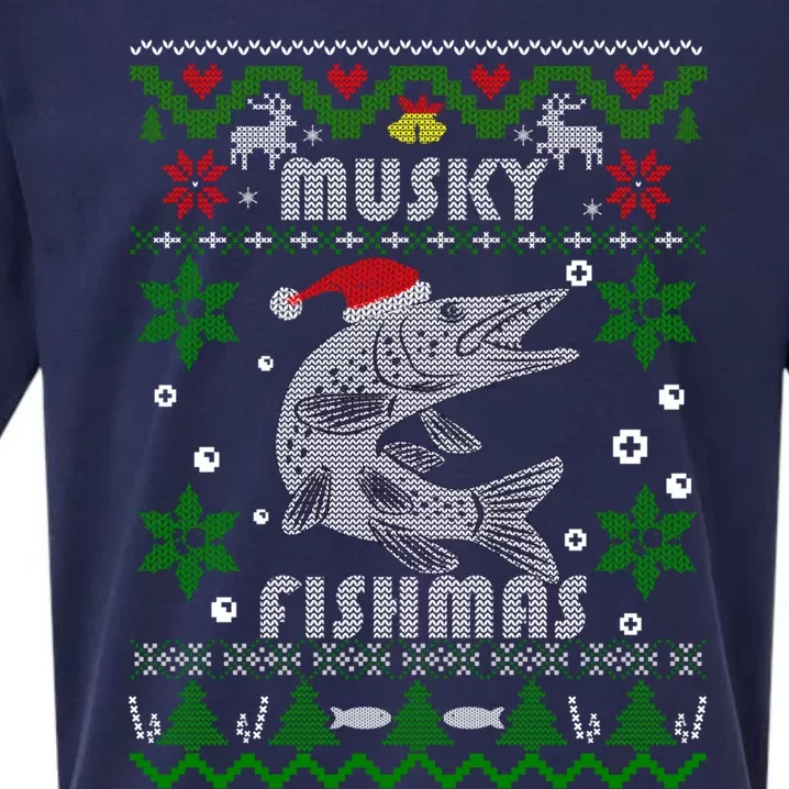 Muskie Angler Fishmas Musky Fishing Funny Gift Ugly Christmas Gift Sueded Cloud Jersey T-Shirt