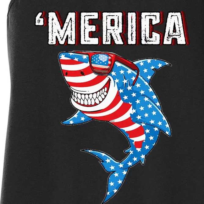 Merica American Flag Funny Shark 4th of July Women's Racerback Tank