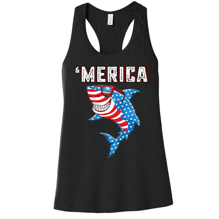 Merica American Flag Funny Shark 4th of July Women's Racerback Tank