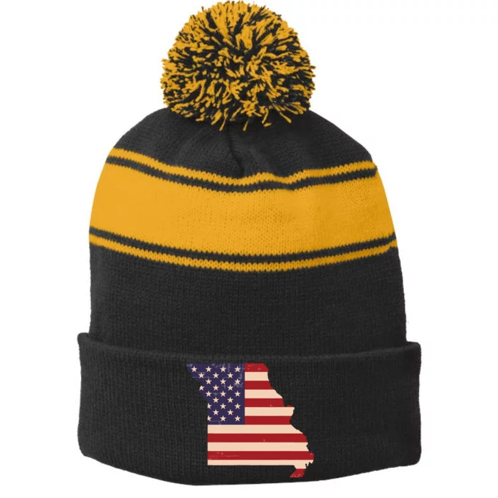 Missouri American Flag Vintage Stripe Pom Pom Beanie