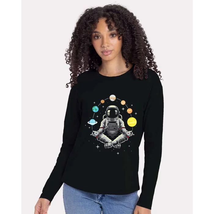 Meditating Astronaut Galaxy Spaceman Astronomer Cosmos Womens Cotton Relaxed Long Sleeve T-Shirt