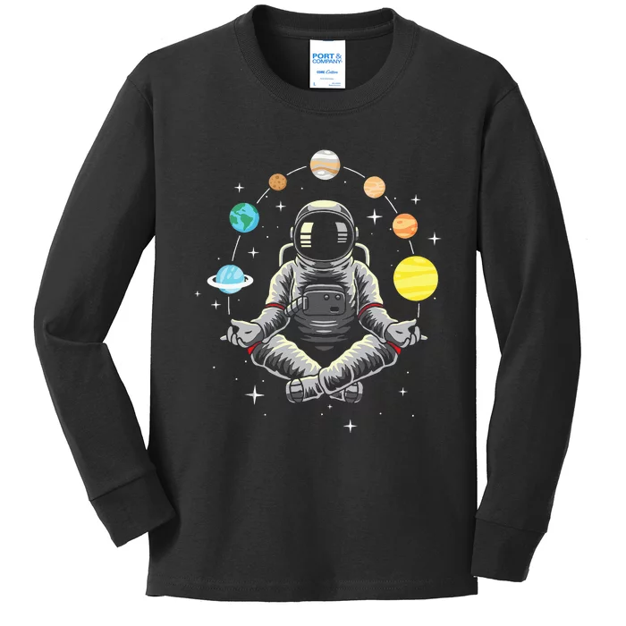 Meditating Astronaut Galaxy Spaceman Astronomer Cosmos Kids Long Sleeve Shirt