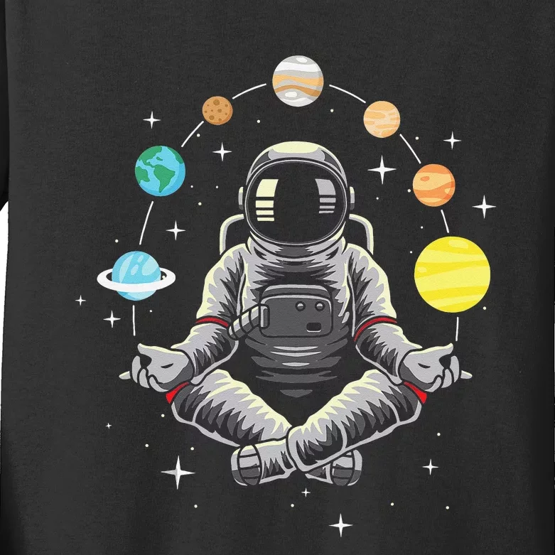 Meditating Astronaut Galaxy Spaceman Astronomer Cosmos Kids Long Sleeve Shirt