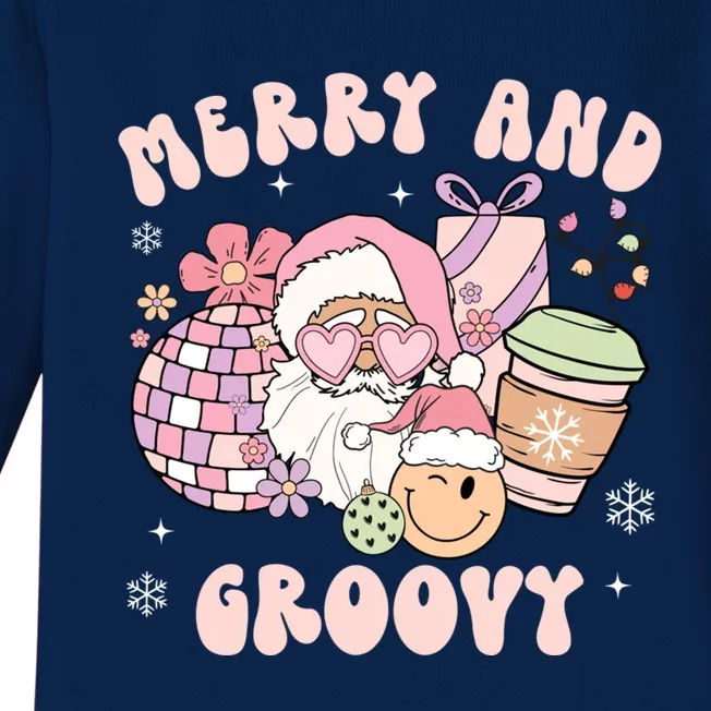 Merry And Groovy Funny Pink Santa Smile Face Retro Christmas Funny Gift Baby Long Sleeve Bodysuit