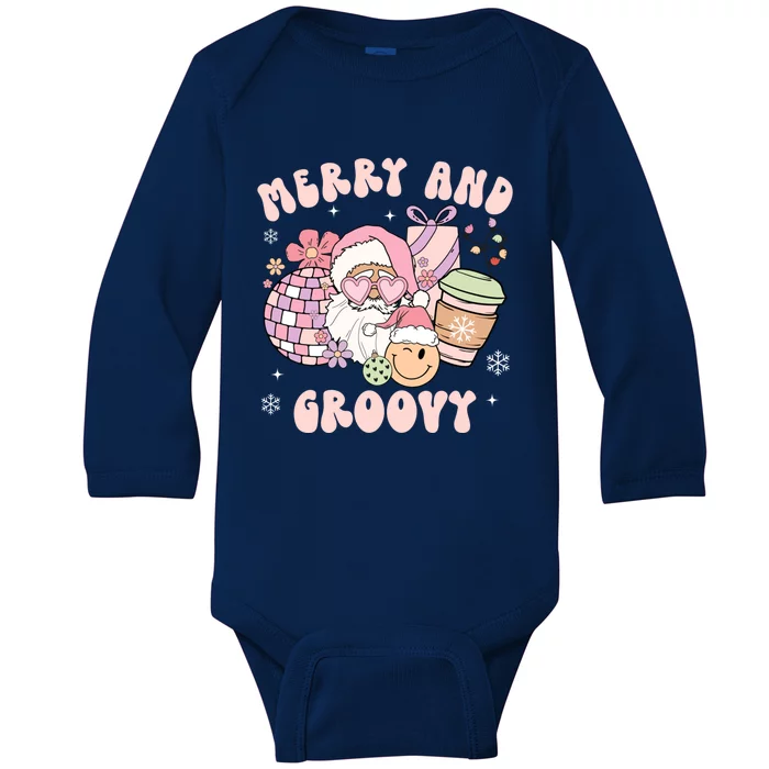 Merry And Groovy Funny Pink Santa Smile Face Retro Christmas Funny Gift Baby Long Sleeve Bodysuit