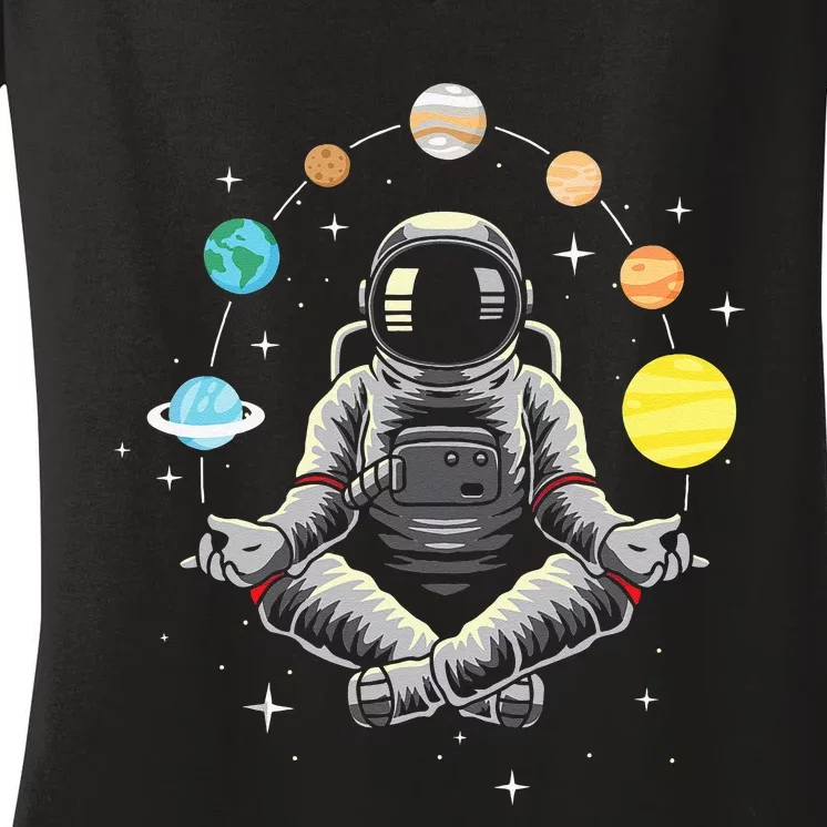 Meditating Astronaut Galaxy Spaceman Astronomer Cosmos Women's V-Neck T-Shirt