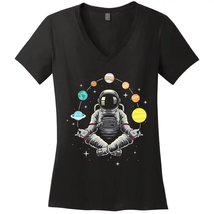 Meditating Astronaut Galaxy Spaceman Astronomer Cosmos Women's V-Neck T-Shirt