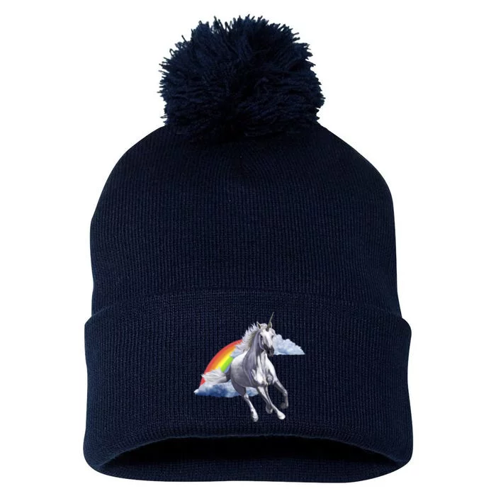 Magical Unicorn Horse Over Rainbow Pom Pom 12in Knit Beanie