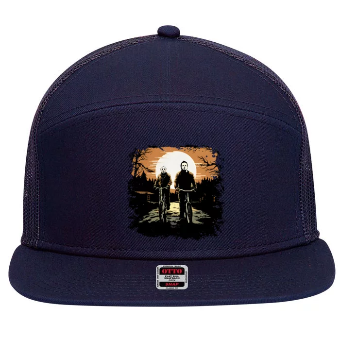 Myers And Jason Driving Bicycle Horror Characters Halloween 7 Panel Mesh Trucker Snapback Hat