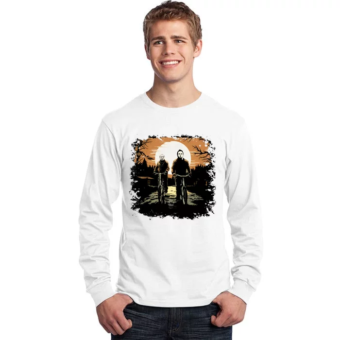 Myers And Jason Driving Bicycle Horror Characters Halloween Tall Long Sleeve T-Shirt