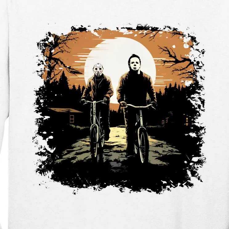 Myers And Jason Driving Bicycle Horror Characters Halloween Tall Long Sleeve T-Shirt