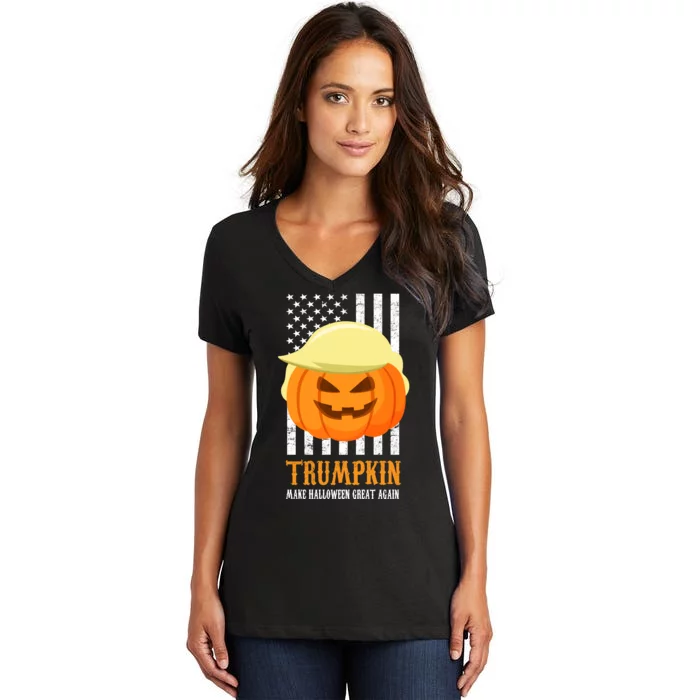 Make Halloween Great Again Trumpkin USA Flag Women's V-Neck T-Shirt