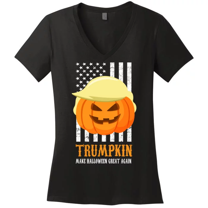 Make Halloween Great Again Trumpkin USA Flag Women's V-Neck T-Shirt