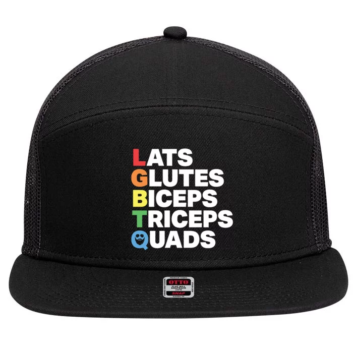 Muscle Alphabet Lats Glutes Biceps Triceps Quads Lgbtq 7 Panel Mesh Trucker Snapback Hat