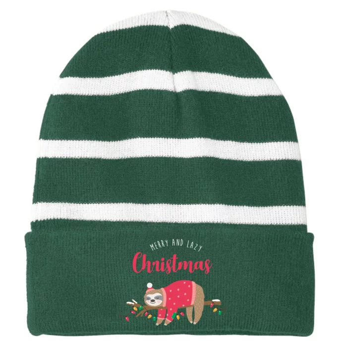 Merry And Lazy Christmas Cute Sloth Striped Beanie with Solid Band