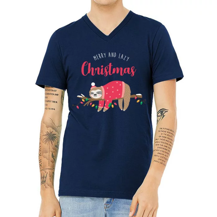 Merry And Lazy Christmas Cute Sloth V-Neck T-Shirt