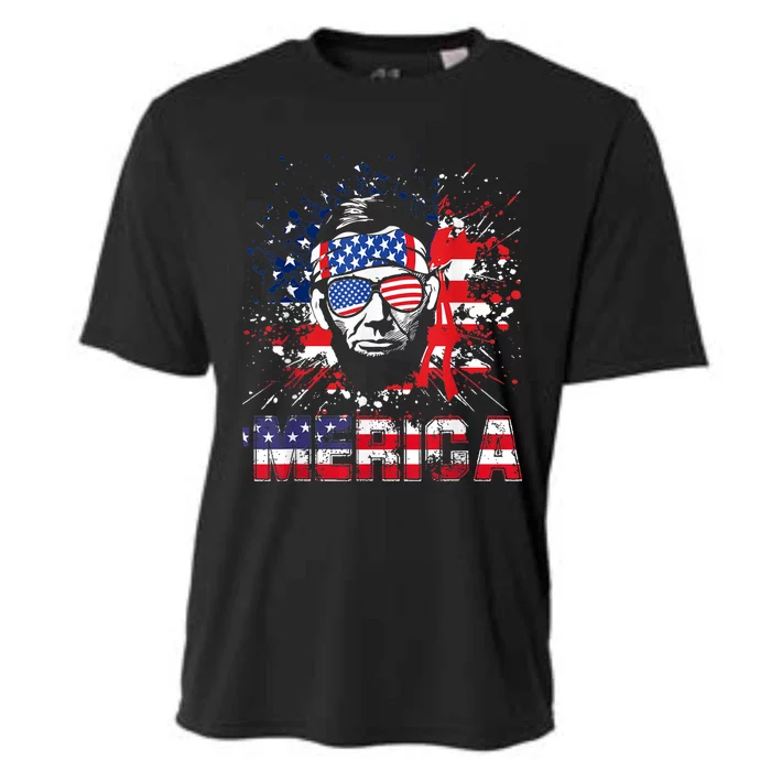 Merica Abe Lincoln 4th Of July Murica Patriotic Cooling Performance Crew T-Shirt