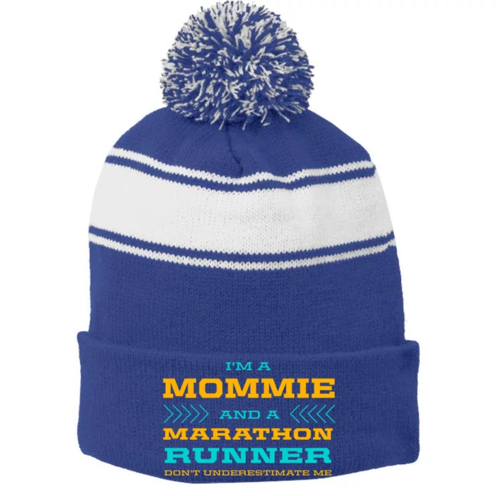 Mommie And Marathon Runner Funny Running Humor Sprinting Mom Gift Stripe Pom Pom Beanie