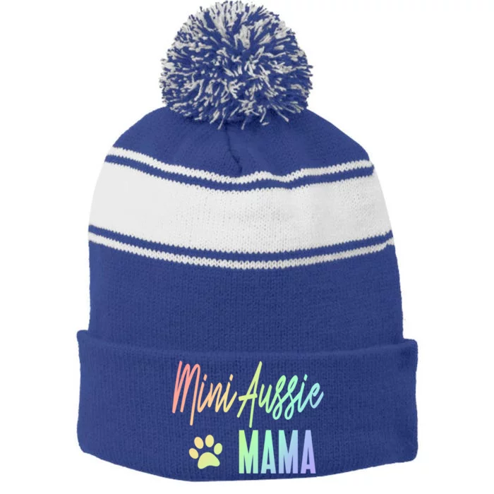 Mini Aussie Mama Rainbow Paw Print Australian Shepherd Mom Cool Gift Stripe Pom Pom Beanie