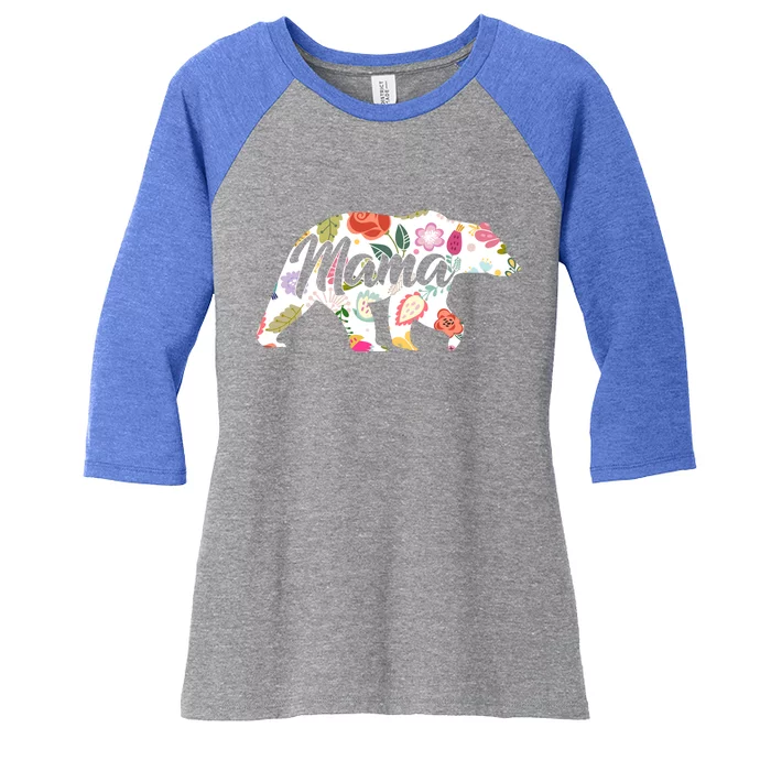 Mama Bear Cute Flower Pattern Women's Tri-Blend 3/4-Sleeve Raglan Shirt