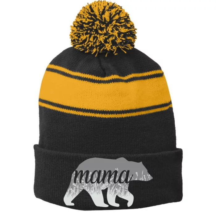 Mama Bear Floral Logo Stripe Pom Pom Beanie