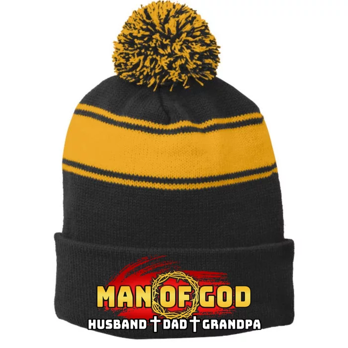 Man Of God Husband Dad Grandpa Stripe Pom Pom Beanie