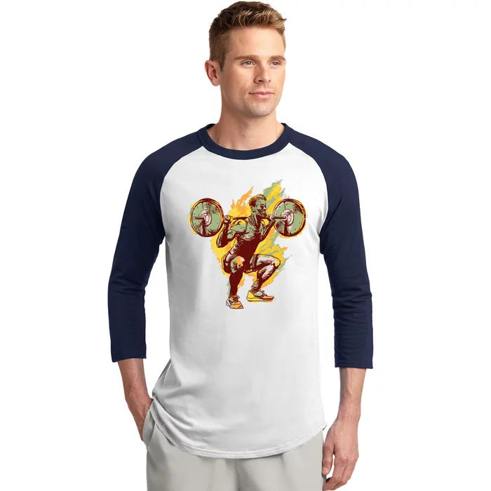 Man Squatting Baseball Sleeve Shirt