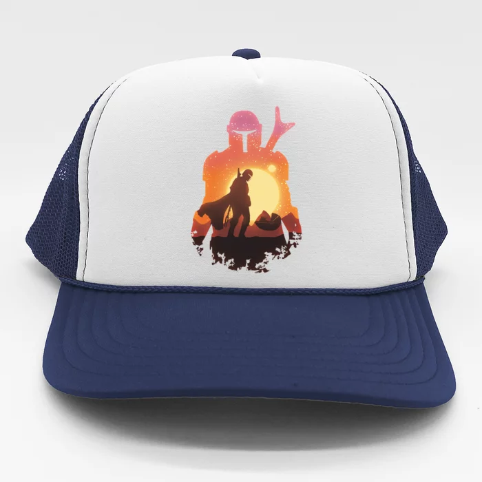 Mando Sunset Illustration Cool Graphic Trucker Hat