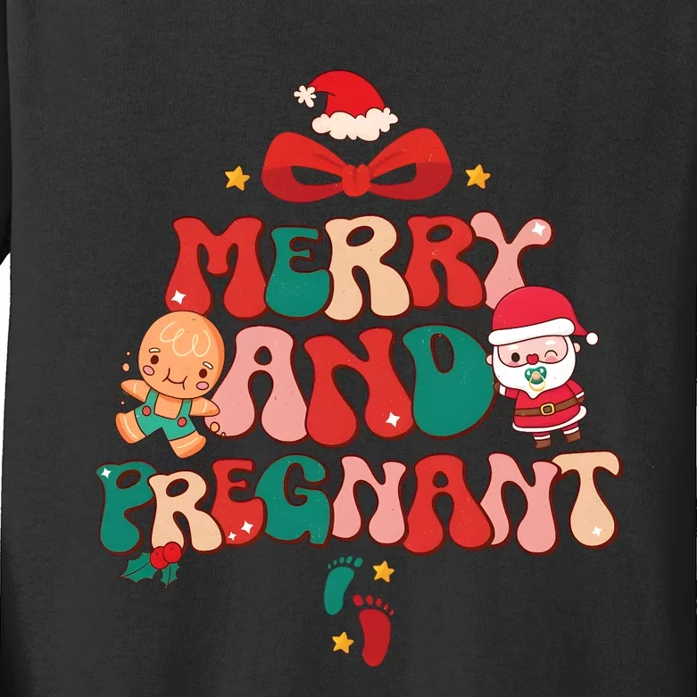 Merry And Pregnant Funny Pregnancy Reveal Christmas Kids Long Sleeve Shirt