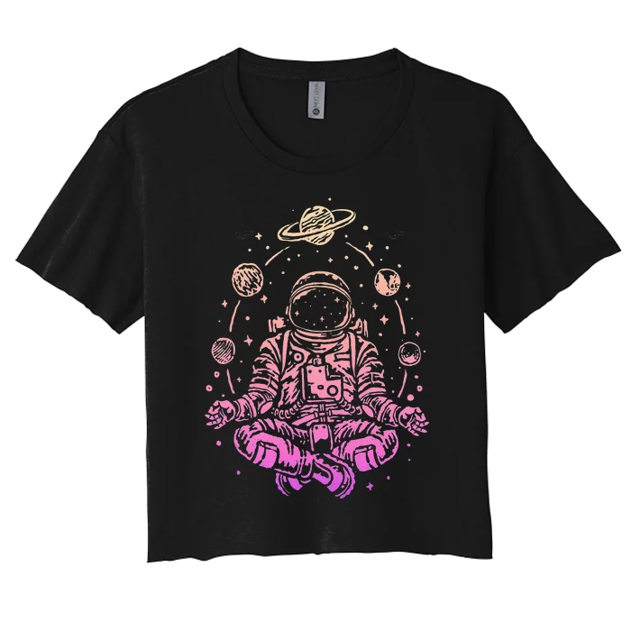 Meditating Astronaut Planets Colorful Lotus Women Meditation Women's Crop Top Tee