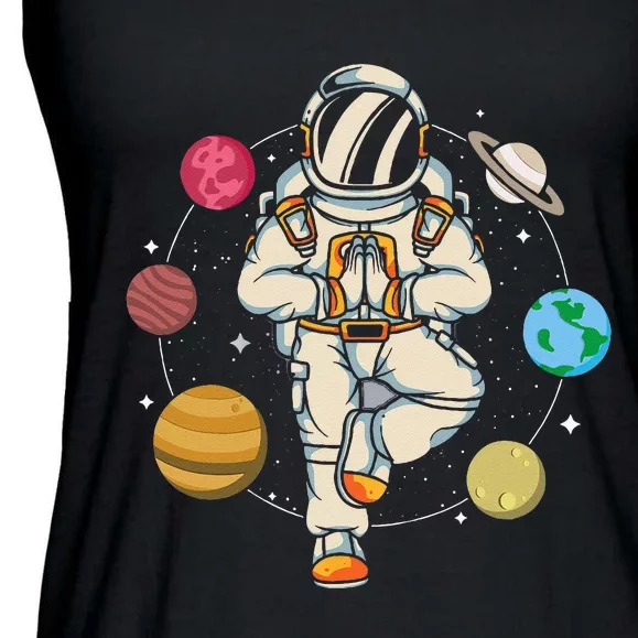 Meditating Astronaut Planets Universe Zen Yoga Astronomy Ladies Essential Flowy Tank