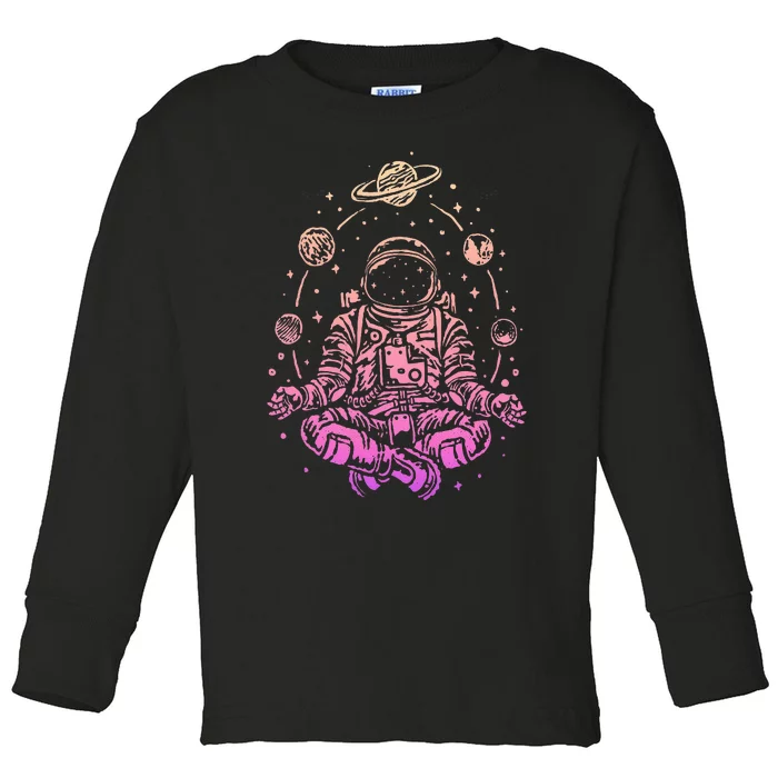 Meditating Astronaut Planets Colorful Lotus Women Meditation Toddler Long Sleeve Shirt