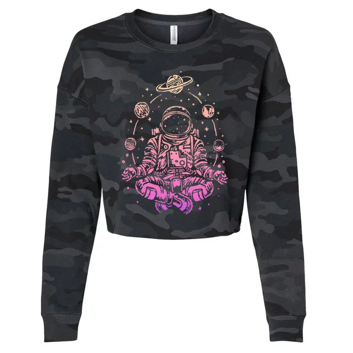 Meditating Astronaut Planets Colorful Lotus Meditation Cropped Pullover Crew