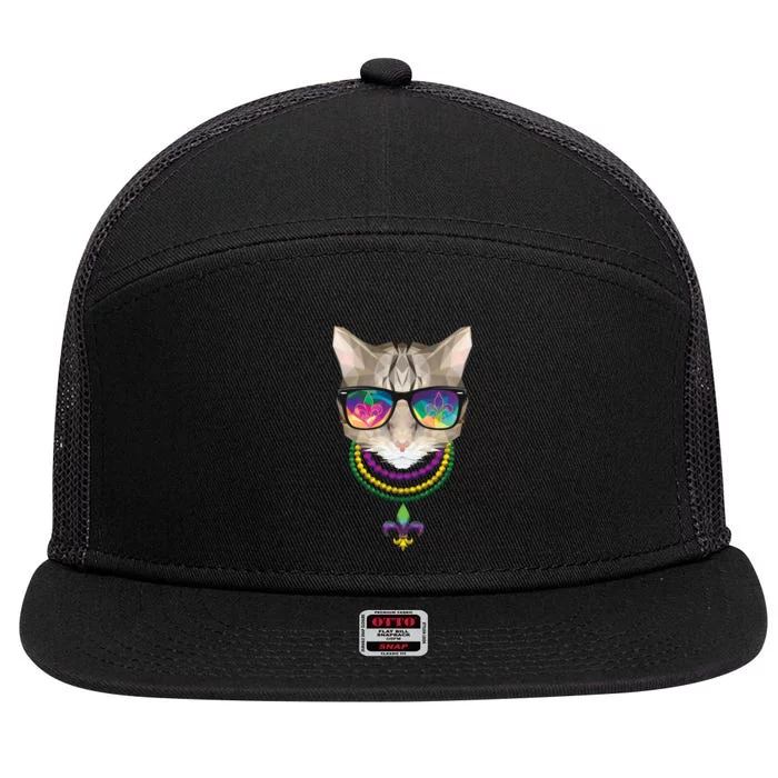 Mardi Gras Cat Beads and Sunglasses NOLA 7 Panel Mesh Trucker Snapback Hat