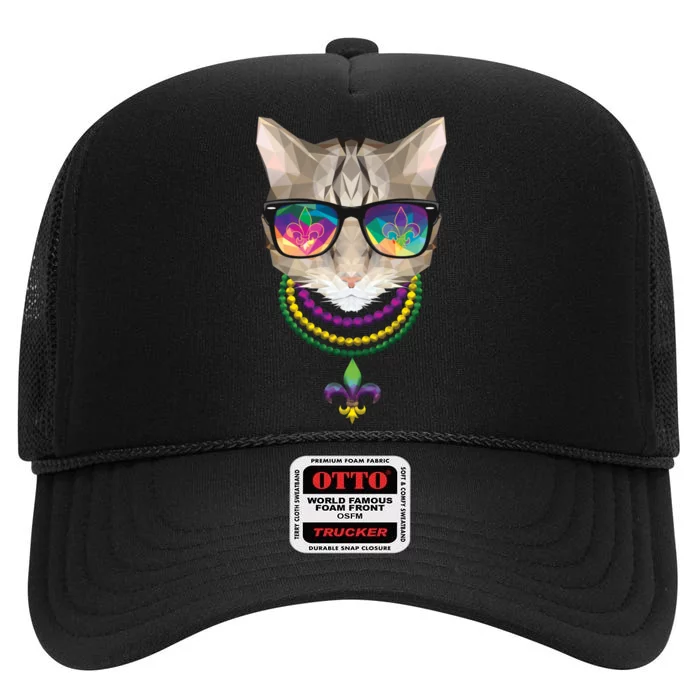 Mardi Gras Cat Beads and Sunglasses NOLA High Crown Mesh Trucker Hat