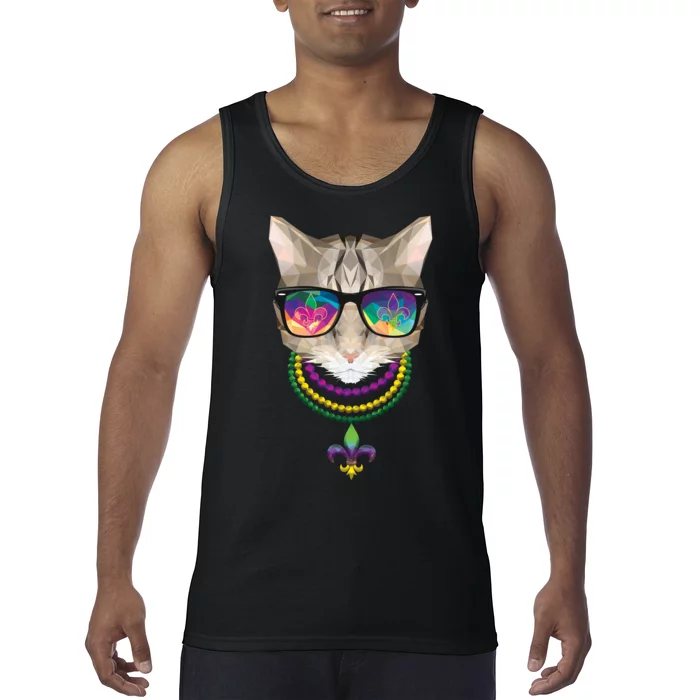 Mardi Gras Cat Beads and Sunglasses NOLA Tank Top