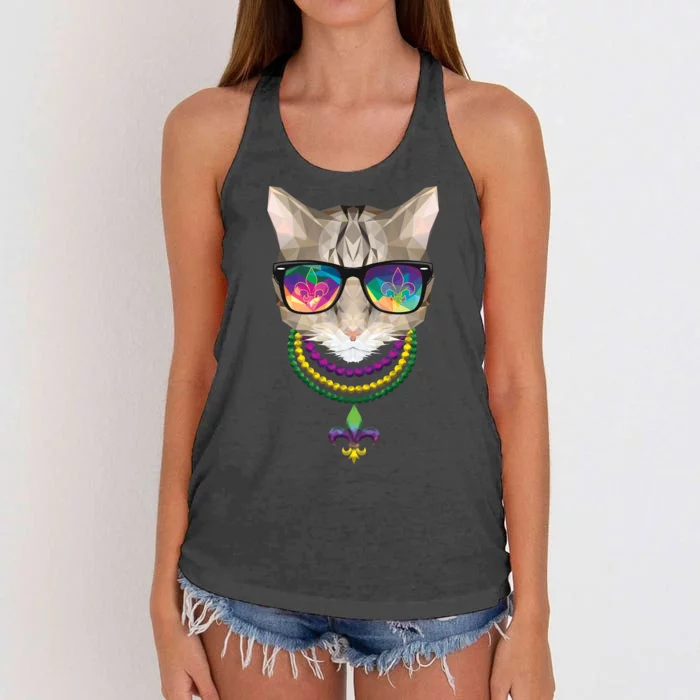 Mardi Gras Cat Beads and Sunglasses NOLA Women's Knotted Racerback Tank