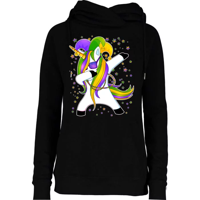 Mardi Gras Dabbing Unicorn Womens Funnel Neck Pullover Hood