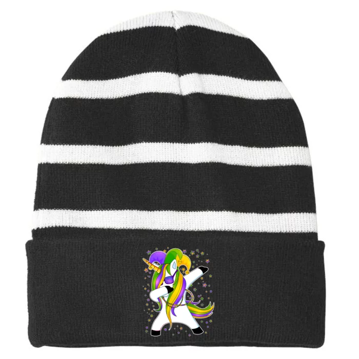 Mardi Gras Dabbing Unicorn Striped Beanie with Solid Band