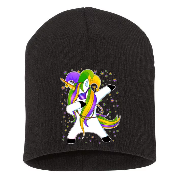 Mardi Gras Dabbing Unicorn Short Acrylic Beanie